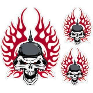 Aufkleber Set Totenkopf mit Helm Flammen 11,5x9 cm+2 x 6x4,5 cm Fire skull Decal