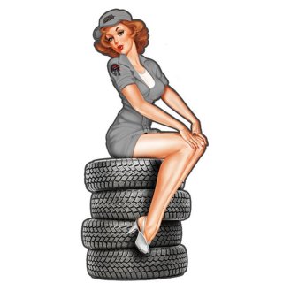 Aufkleber Reifenmechaniker Pin Up Girl 9x3,5 cm Mechanic Tire Decal Sticker