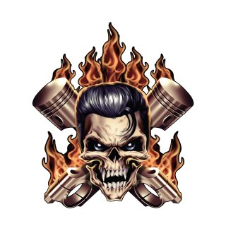 Autocollant Elvis Rockabilly Crâne Pistons Flammes 17x14 cm Skull Decal Sticker