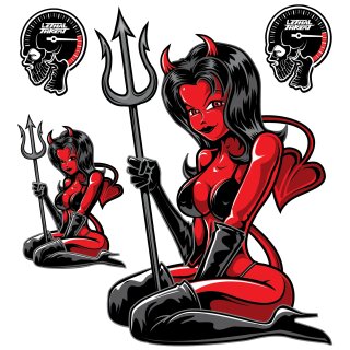 Pin Up Teufel Girl Aufkleber Set – Devil Sticker 3-teilig – 16 x 11 cm